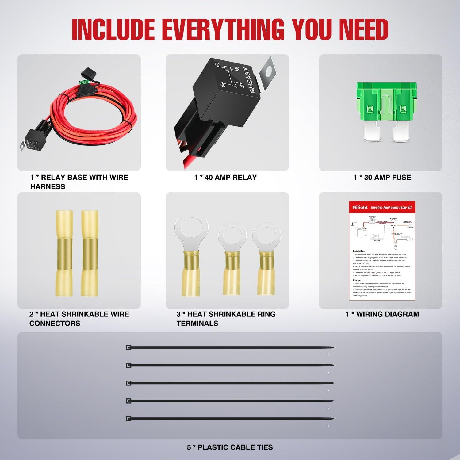 image:imageNilight Electric Fuel Pump Relay Kit Wiring Harness 40 AMP Relay Heavy Duty 10 Gauge Cables w30 AMP Blade Fuse 12V System for Trucks Cars RVs Marine Boats TrailersFuel Pump Relay Kit
