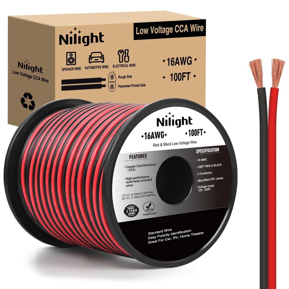 image:imageNilight 100FT 12AWG Copper Clad Aluminum Wire 122 Gauge Red Black CCA Electrical Cable 2 Conductor Parallel 12V24V DC Flexible Extension Cords for Car Audio Radio Speaker Amplifier16AWG100FT