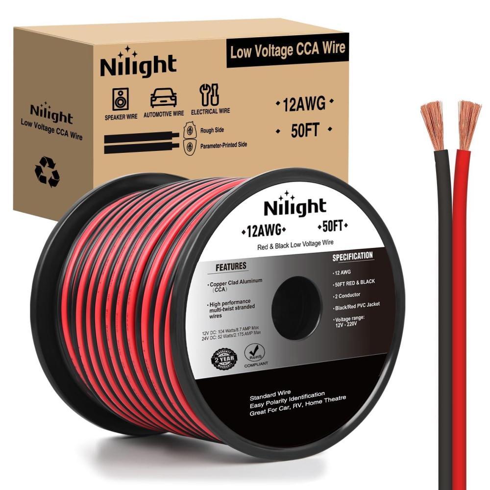 image:imageNilight 100FT 12AWG Copper Clad Aluminum Wire 122 Gauge Red Black CCA Electrical Cable 2 Conductor Parallel 12V24V DC Flexible Extension Cords for Car Audio Radio Speaker Amplifier12AWG50FT