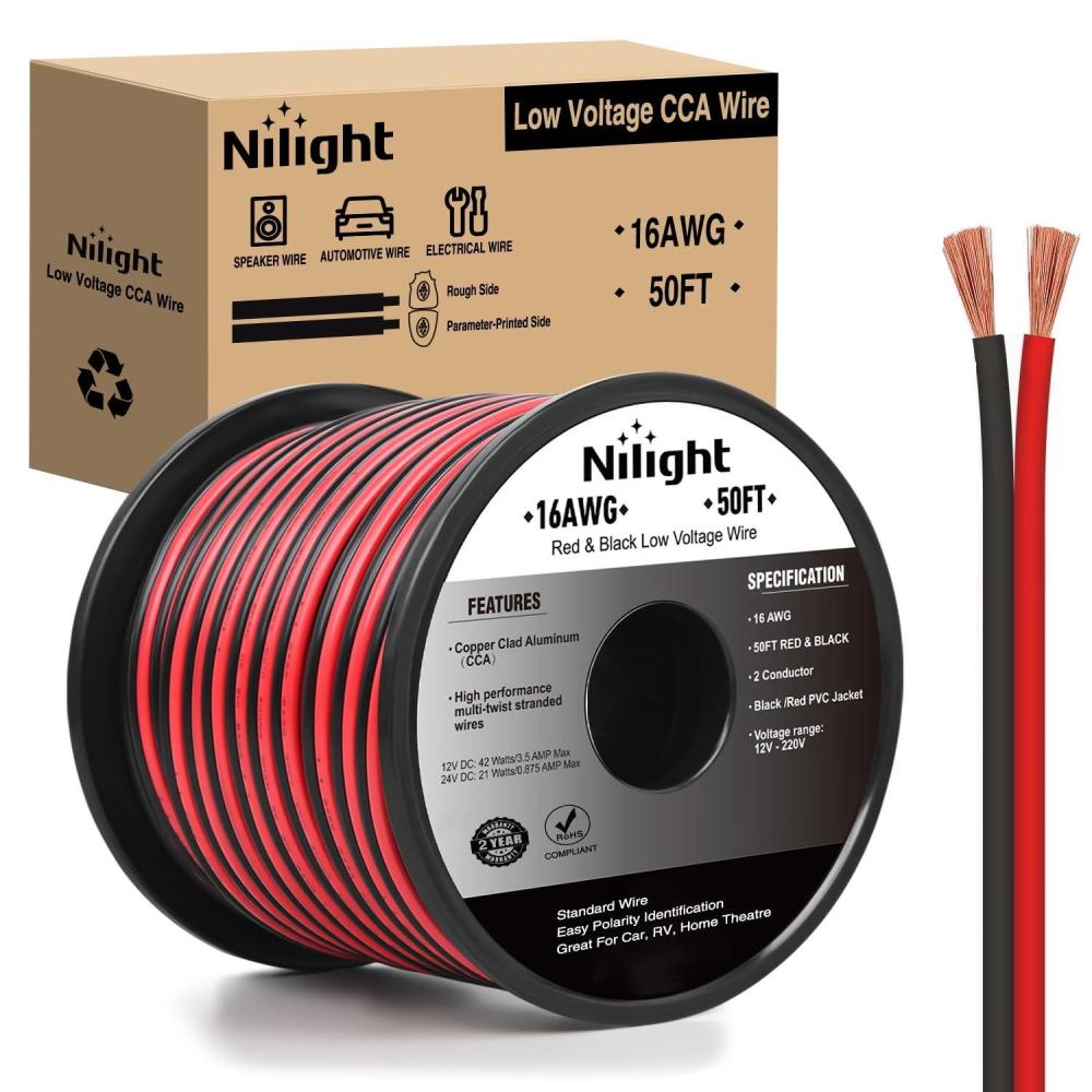 image:imageNilight 100FT 12AWG Copper Clad Aluminum Wire 122 Gauge Red Black CCA Electrical Cable 2 Conductor Parallel 12V24V DC Flexible Extension Cords for Car Audio Radio Speaker Amplifier16AWG50FT