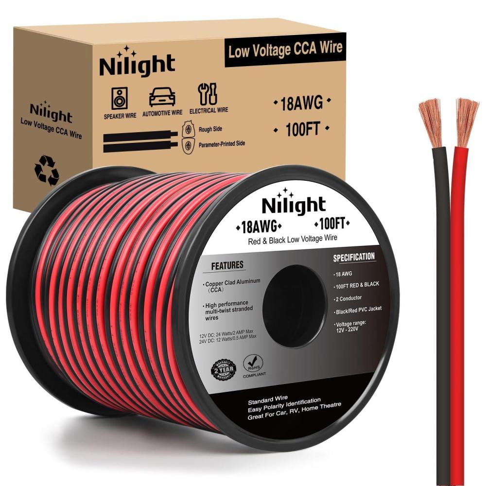 image:imageNilight 100FT 12AWG Copper Clad Aluminum Wire 122 Gauge Red Black CCA Electrical Cable 2 Conductor Parallel 12V24V DC Flexible Extension Cords for Car Audio Radio Speaker Amplifier18AWG100FT