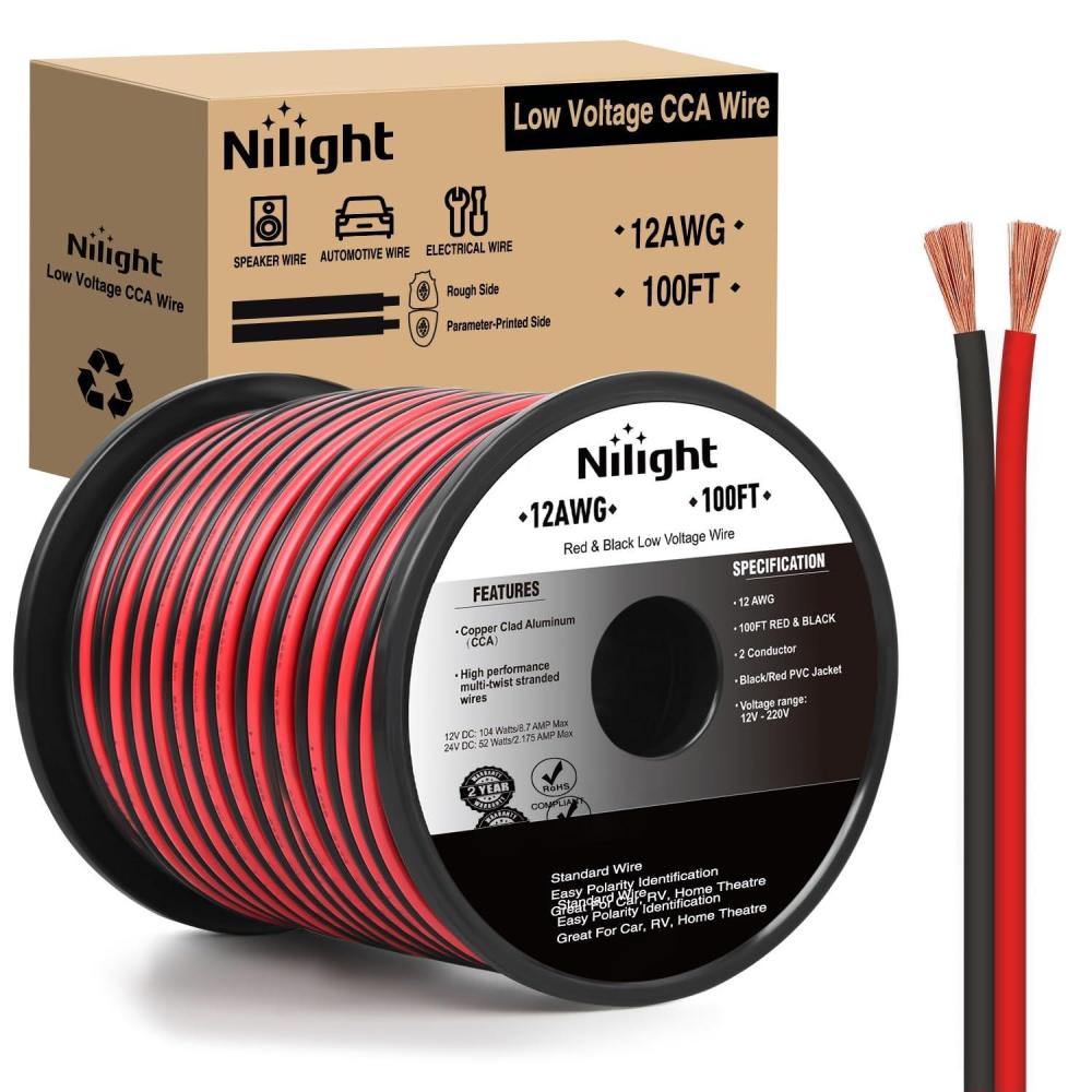 image:imageNilight 100FT 12AWG Copper Clad Aluminum Wire 122 Gauge Red Black CCA Electrical Cable 2 Conductor Parallel 12V24V DC Flexible Extension Cords for Car Audio Radio Speaker Amplifier12AWG100FT