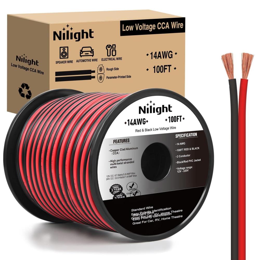 image:imageNilight 100FT 12AWG Copper Clad Aluminum Wire 122 Gauge Red Black CCA Electrical Cable 2 Conductor Parallel 12V24V DC Flexible Extension Cords for Car Audio Radio Speaker Amplifier14AWG100FT