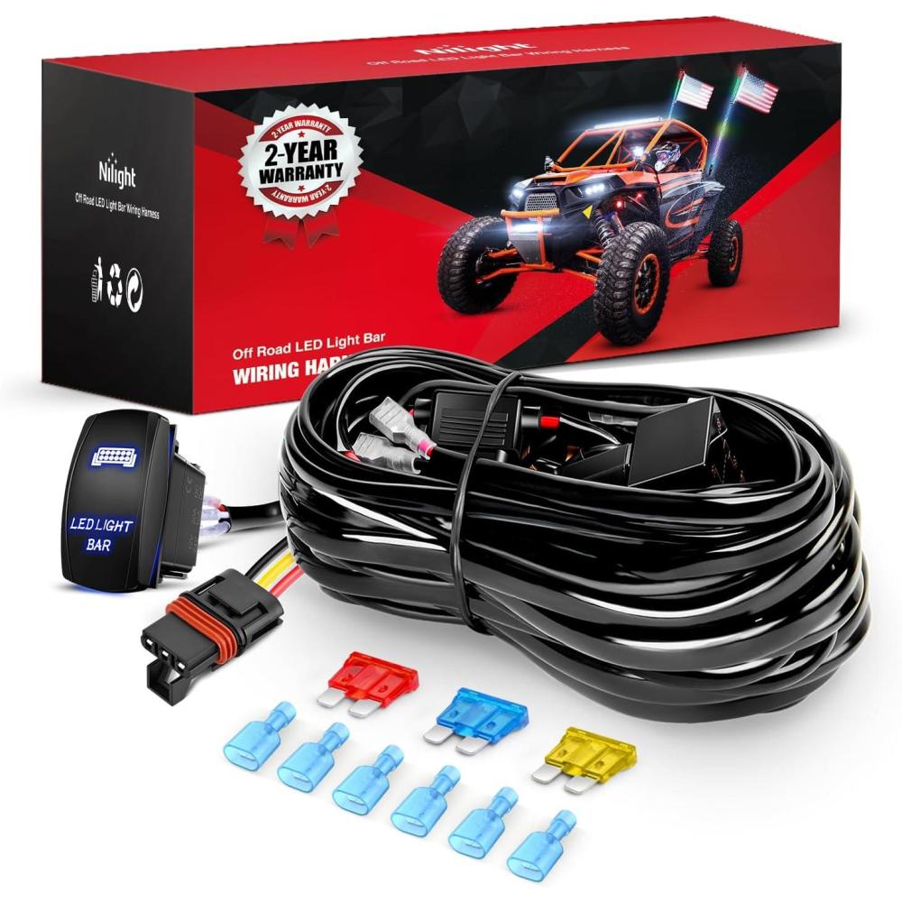 image:imageNilight 14AWG 18AWG LED Light Bar Wiring Harness Kit with Pulse Power Plug Connector 12V On Off 5Pin Rocker Switch Relay Fuse for Polaris RZR General Ranger Pulse Bus bar  3 Leads Blue14 LED Light Bar3 Leads