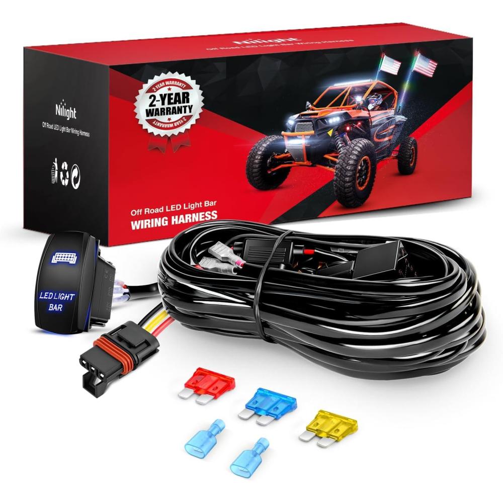 image:imageNilight 14AWG 18AWG LED Light Bar Wiring Harness Kit with Pulse Power Plug Connector 12V On Off 5Pin Rocker Switch Relay Fuse for Polaris RZR General Ranger Pulse Bus bar 3 Leads Blue14 LED Light Bar1 Lead