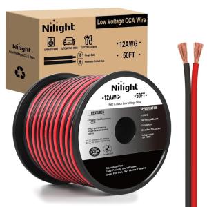 Nilight 100FT 12AWG Copper Clad Aluminum Wire 12/2 Gauge Red Black CCA Electrical Cable 2 Conductor Parallel 12V/24V DC Flexible Extension Cords for Car Audio Radio Speaker Amplifier(12AWG-50FT)