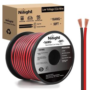 Nilight 100FT 12AWG Copper Clad Aluminum Wire 12/2 Gauge Red Black CCA Electrical Cable 2 Conductor Parallel 12V/24V DC Flexible Extension Cords for Car Audio Radio Speaker Amplifier(16AWG-50FT)