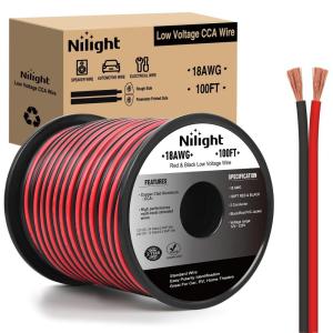 Nilight 100FT 12AWG Copper Clad Aluminum Wire 12/2 Gauge Red Black CCA Electrical Cable 2 Conductor Parallel 12V/24V DC Flexible Extension Cords for Car Audio Radio Speaker Amplifier(18AWG-100FT)