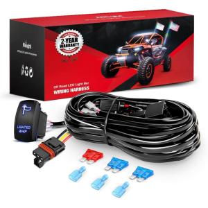 Nilight 14AWG 18AWG LED Light Bar Wiring Harness Kit with Pulse Power Plug Connector 12V On Off 5Pin Rocker Switch Relay Fuse for Polaris RZR General Ranger Pulse Bus bar – 3 Leads Blue(16# Lighted Whip-2 Leads)