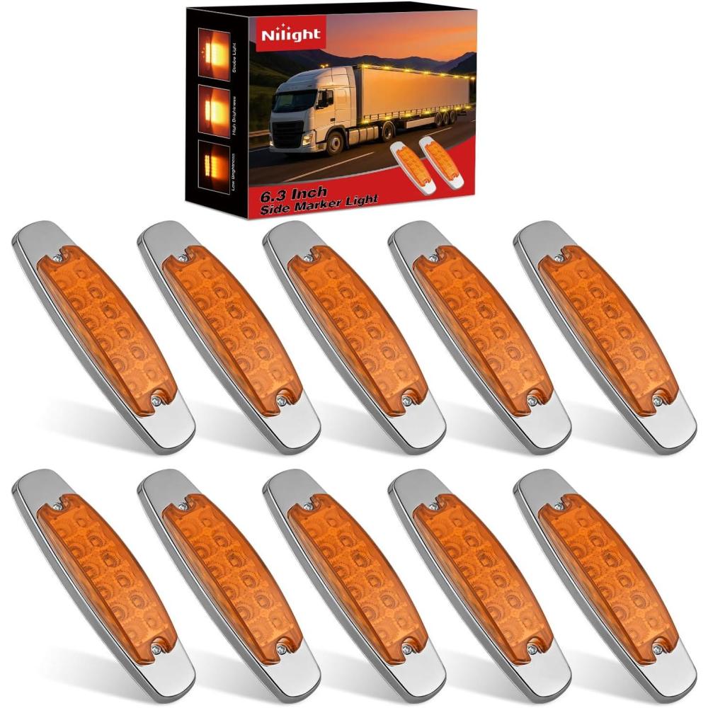 image:imageNilight 10 Pack 63 Inch Rectangle Amber Side Marker Lights 12 LED 3 Functions HighLowStrobe IP67 Waterproof Stainless Steel Chrome Bezel 12V Surface Mount for Truck Trailer RV SUV Boat