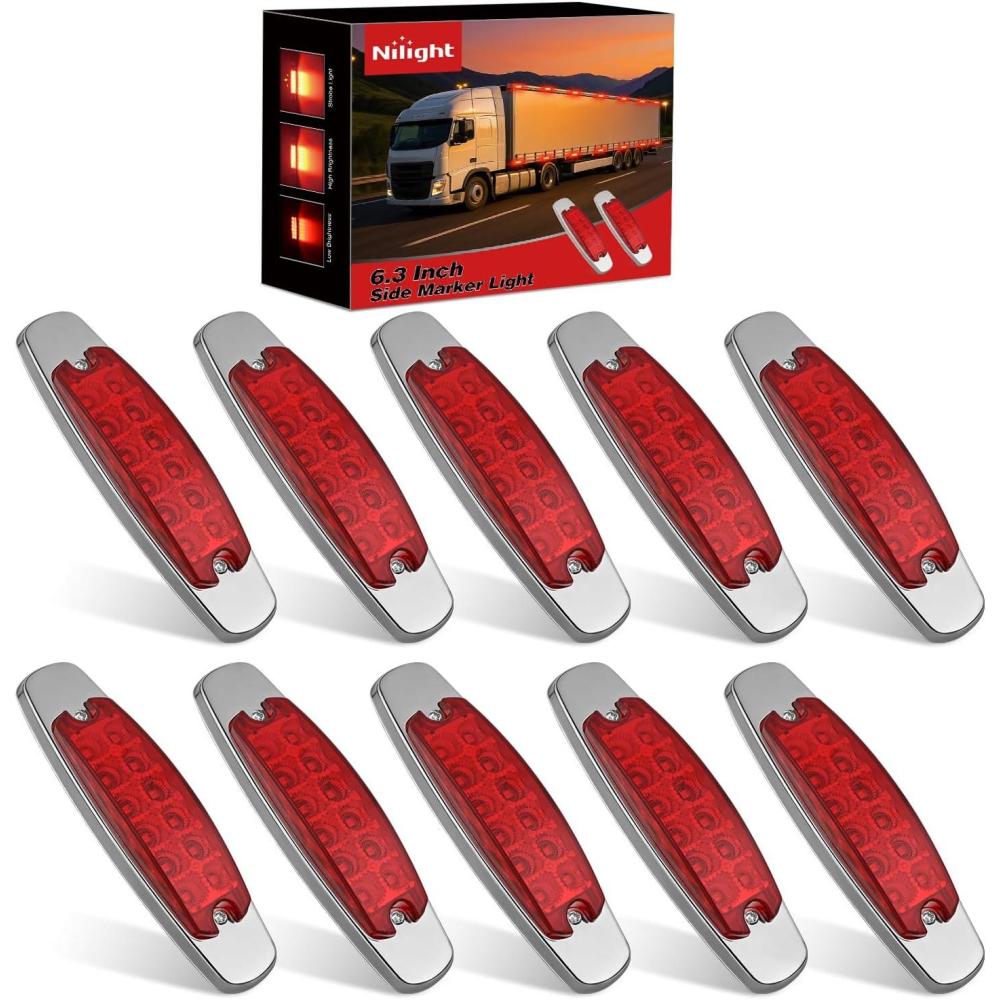 image:imageNilight 10 Pack 63 Inch Rectangle Red Side Marker Lights 12 LED 3 Functions HighLowStrobe IP67 Waterproof Stainless Steel Chrome Bezel 12V Surface Mount for Truck Trailer RV SUV Boat