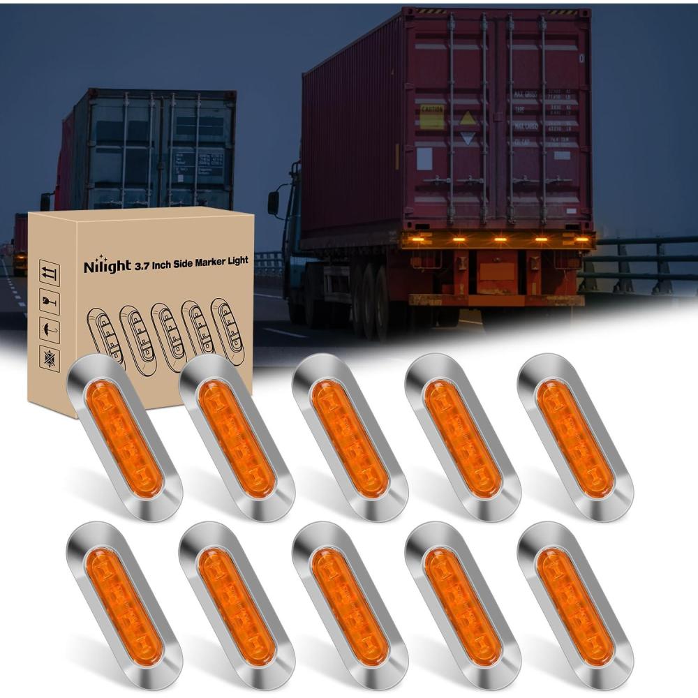 image:imageNilight 10PCS Amber Oval Side Marker Lights 4 LED 37 Inch Clearance Lamp IP68 Waterproof DC 1224V with Chrome Bezel Universal for Car Auto Truck Bus Trailer Boat Deck