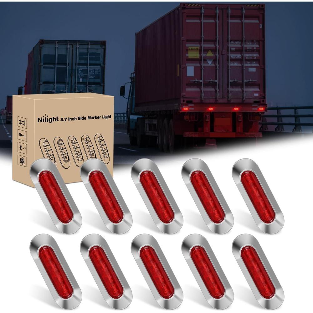 image:imageNilight 10PCS Red Oval Side Marker Lights 4 LED 37 Inch Clearance Lamp IP68 Waterproof DC 1224V with Chrome Bezel Universal for Car Auto Truck Bus Trailer Boat Deck
