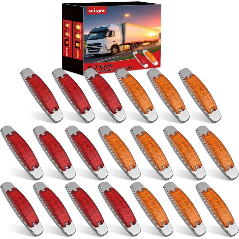 image:imageNilight 20 Pack 63 Inch Rectangle Amber Red Side Marker Lights 12 LED 3 Functions HighLowStrobe IP67 Waterproof Stainless Steel Chrome Bezel 12V Surface Mount for Truck Trailer RV SUV Boat