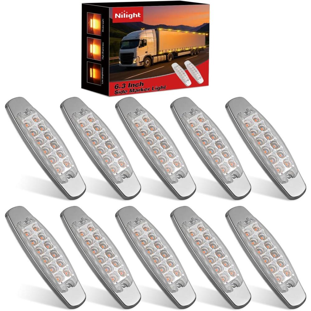 image:imageNilight 20PCS Amber Red Oval Side Marker Lights 4 LED 37 Inch Clearance Lamp IP68 Waterproof DC 1224V with Chrome Bezel Universal for Car Auto Truck Bus Trailer Boat DeckClear Amber