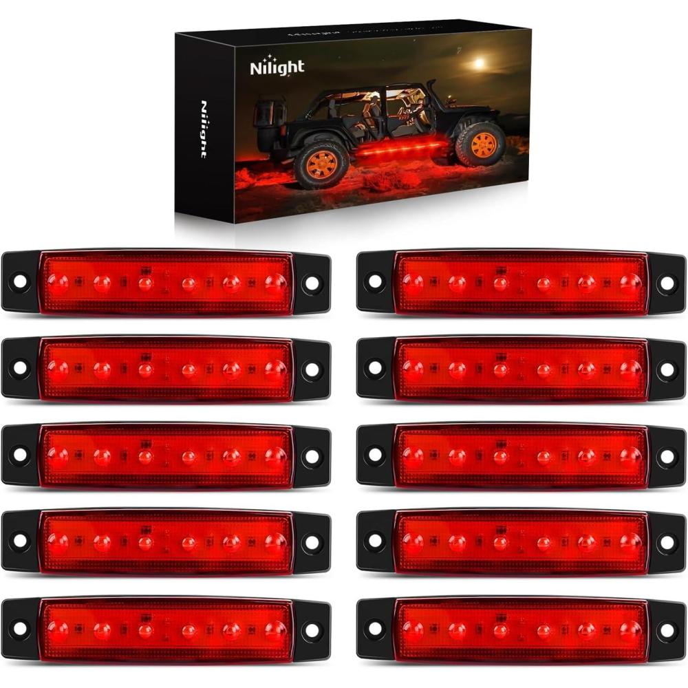 image:imageNilight 20PCS Amber Red Oval Side Marker Lights 4 LED 37 Inch Clearance Lamp IP68 Waterproof DC 1224V with Chrome Bezel Universal for Car Auto Truck Bus Trailer Boat DeckRed