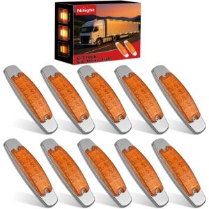 Nilight 10 Pack 6.3 Inch Rectangle Amber Side Marker Lights 12 LED 3 Functions (High/Low/Strobe) IP67 Waterproof Stainless Steel Chrome Bezel 12V Surface Mount for Truck Trailer RV SUV Boat