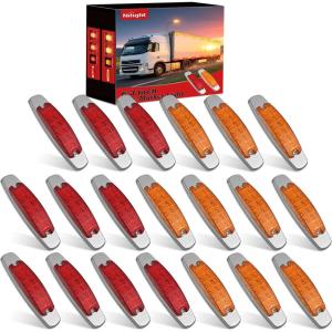 Nilight 20 Pack 6.3 Inch Rectangle Amber Red Side Marker Lights 12 LED 3 Functions (High/Low/Strobe) IP67 Waterproof Stainless Steel Chrome Bezel 12V Surface Mount for Truck Trailer RV SUV Boat