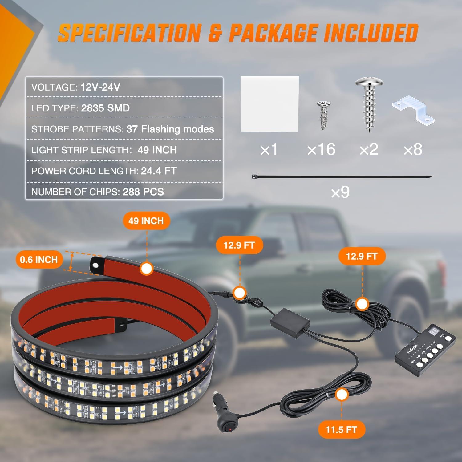 image:imageNilight 48 Inch Truck Tailgate Strobe Light Strip Tail Emergency Bar Rear Window Warning Lamp UltraBright Double Row 288 LED for Pickup Trailers Construction Vehicles Car SUV Green White49 Tailgate Strobe w Controller Amber White