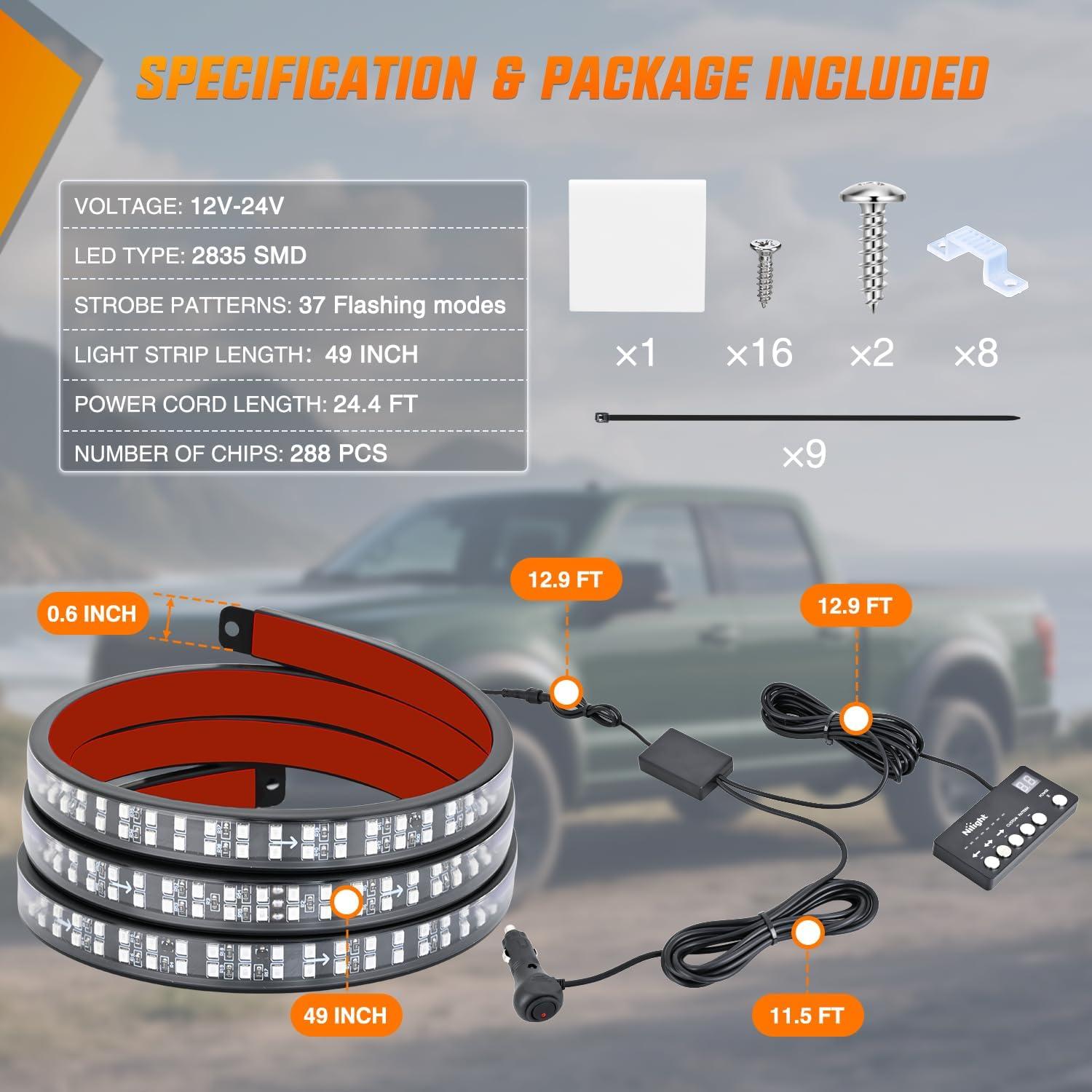 image:imageNilight 48 Inch Truck Tailgate Strobe Light Strip Tail Emergency Bar Rear Window Warning Lamp UltraBright Double Row 288 LED for Pickup Trailers Construction Vehicles Car SUV Green White49 Tailgate Strobe w Controller Red Blue