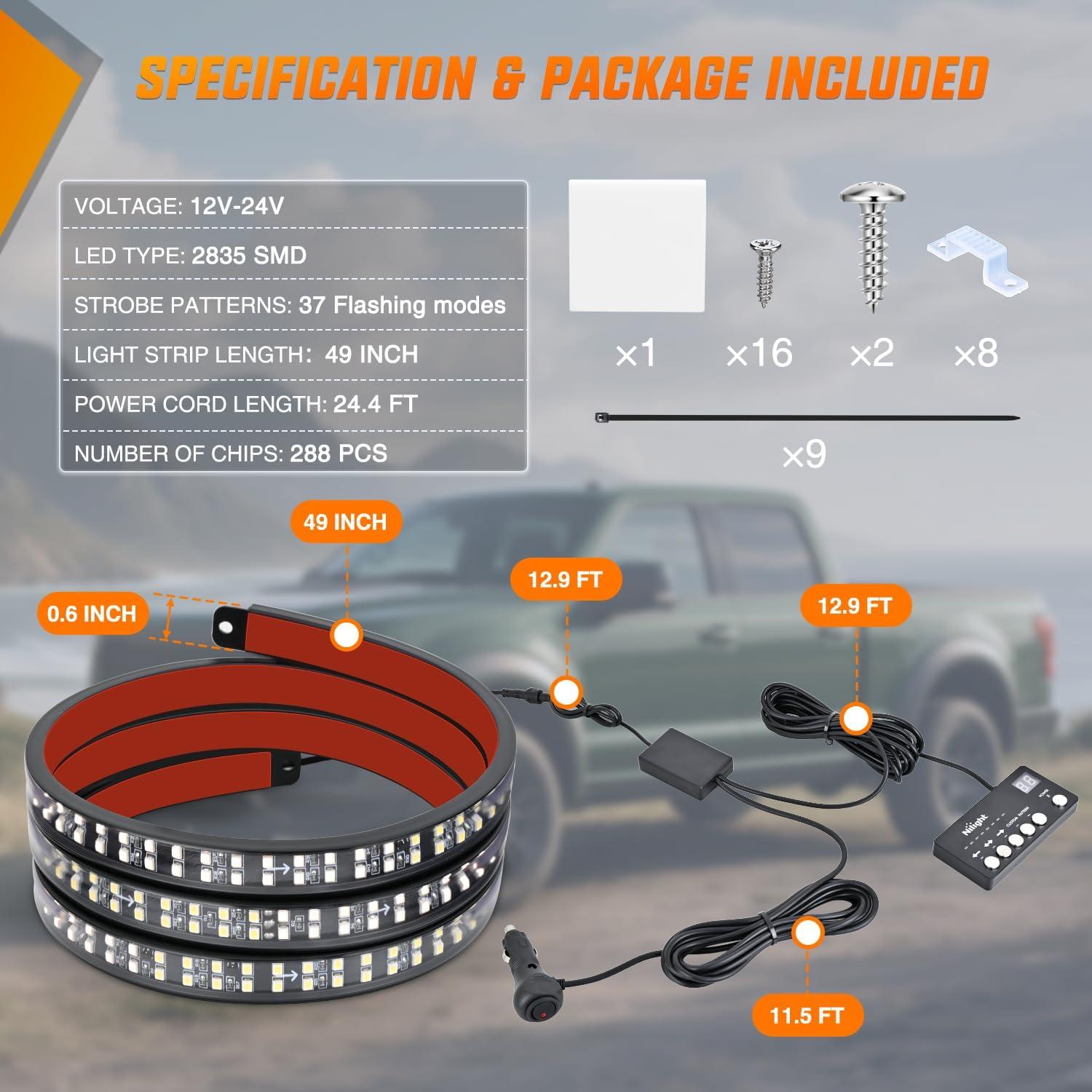 image:imageNilight 48 Inch Truck Tailgate Strobe Light Strip Tail Emergency Bar Rear Window Warning Lamp UltraBright Double Row 288 LED for Pickup Trailers Construction Vehicles Car SUV Green White49 Tailgate Strobe w Controller Red White