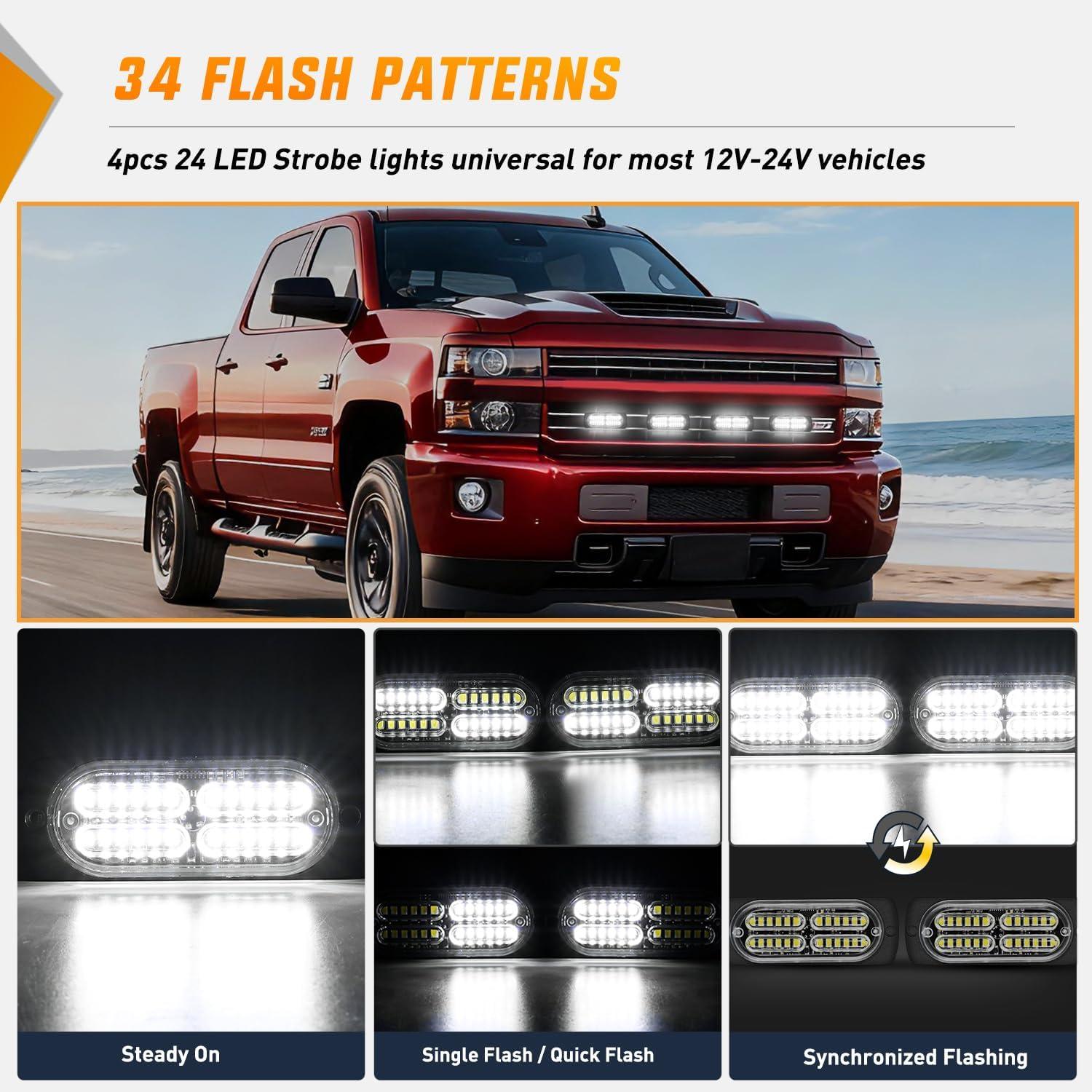 image:imageNilight 4PCS 24LED Emergency Strobe lights 12V 24V White Surface Mount Grille Hazard Safety Warning Light Sync Feature Side Flashing Marker Flash for Car Truck CampersWhite