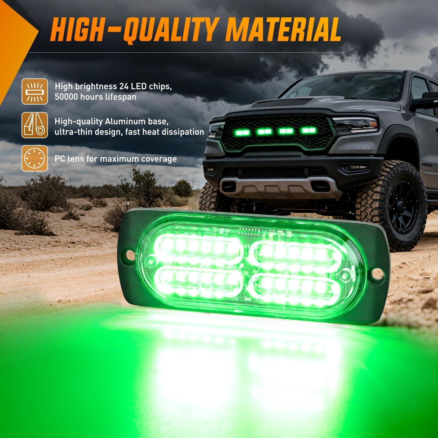 image:imageNilight 4PCS 24LED Emergency Strobe lights 12V 24V White Surface Mount Grille Hazard Safety Warning Light Sync Feature Side Flashing Marker Flash for Car Truck CampersGreen