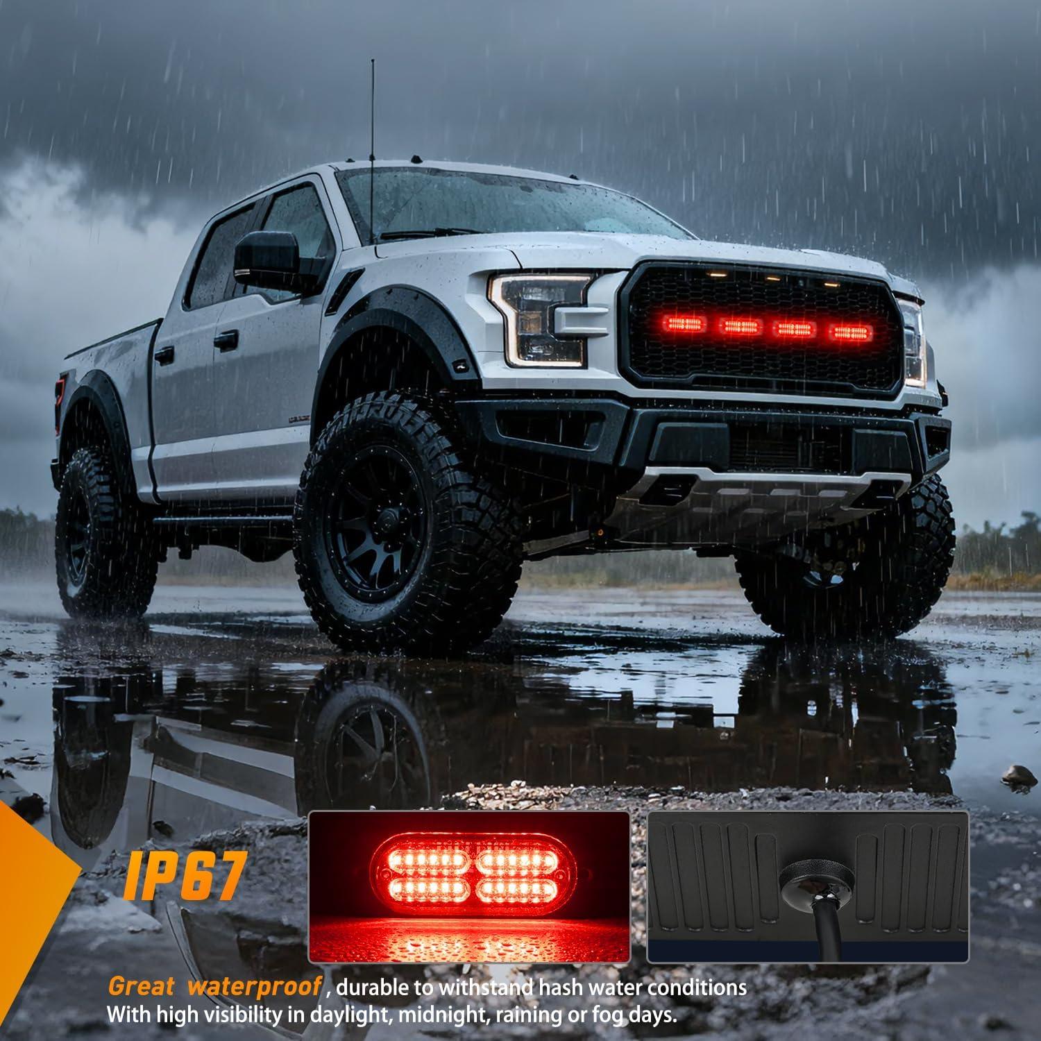 image:imageNilight 4PCS 24LED Emergency Strobe lights 12V 24V White Surface Mount Grille Hazard Safety Warning Light Sync Feature Side Flashing Marker Flash for Car Truck CampersRed