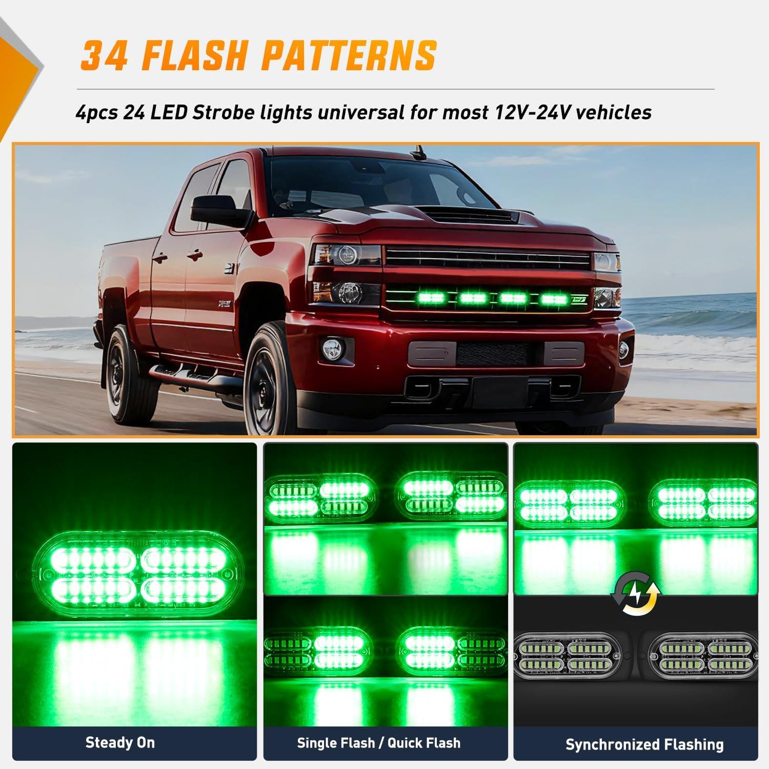 image:imageNilight 4PCS 24LED Emergency Strobe lights 12V 24V White Surface Mount Grille Hazard Safety Warning Light Sync Feature Side Flashing Marker Flash for Car Truck CampersGreen