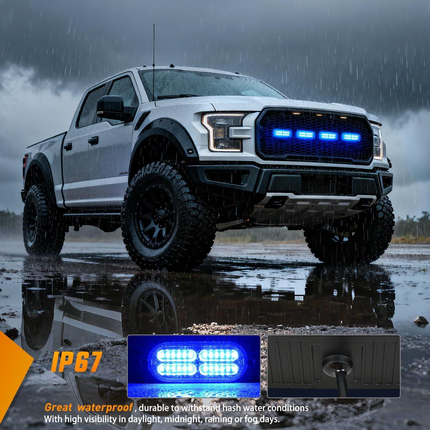 image:imageNilight 4PCS 24LED Emergency Strobe lights 12V 24V White Surface Mount Grille Hazard Safety Warning Light Sync Feature Side Flashing Marker Flash for Car Truck CampersBlue