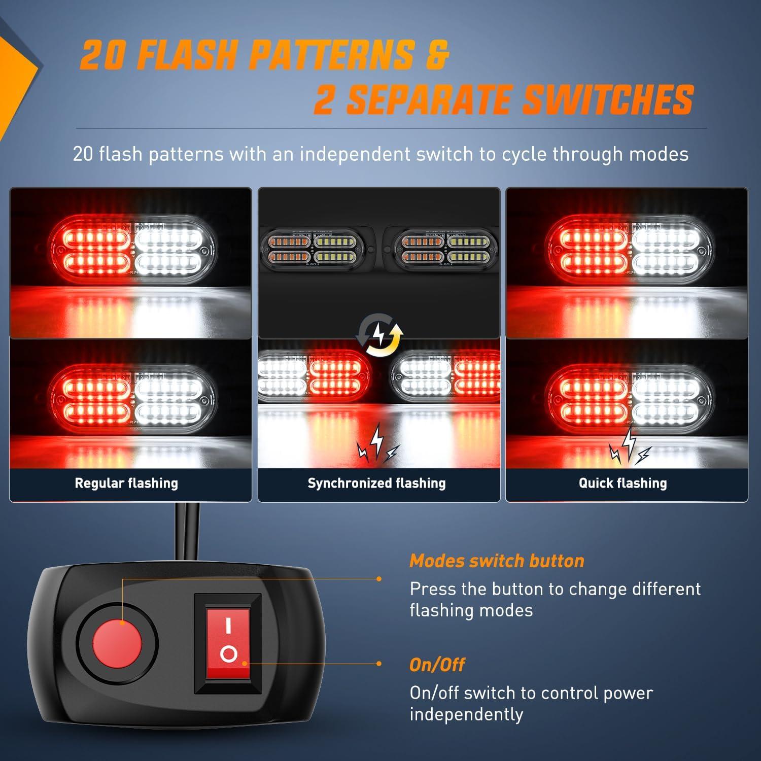 image:imageNilight 4PCS 24LED Emergency Strobe lights 12V 24V White Surface Mount Grille Hazard Safety Warning Light Sync Feature Side Flashing Marker Flash for Car Truck CampersRed White wController
