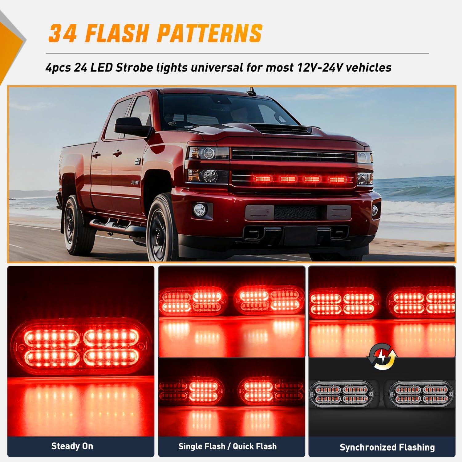 image:imageNilight 4PCS 24LED Emergency Strobe lights 12V 24V White Surface Mount Grille Hazard Safety Warning Light Sync Feature Side Flashing Marker Flash for Car Truck CampersRed
