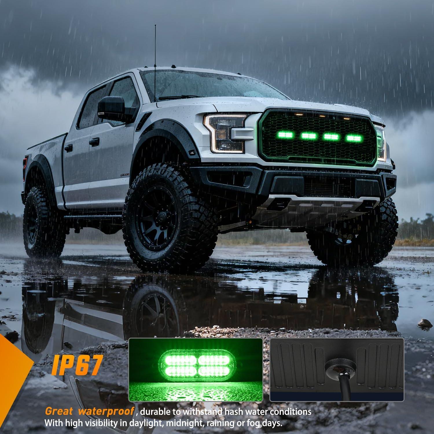 image:imageNilight 4PCS 24LED Emergency Strobe lights 12V 24V White Surface Mount Grille Hazard Safety Warning Light Sync Feature Side Flashing Marker Flash for Car Truck CampersGreen