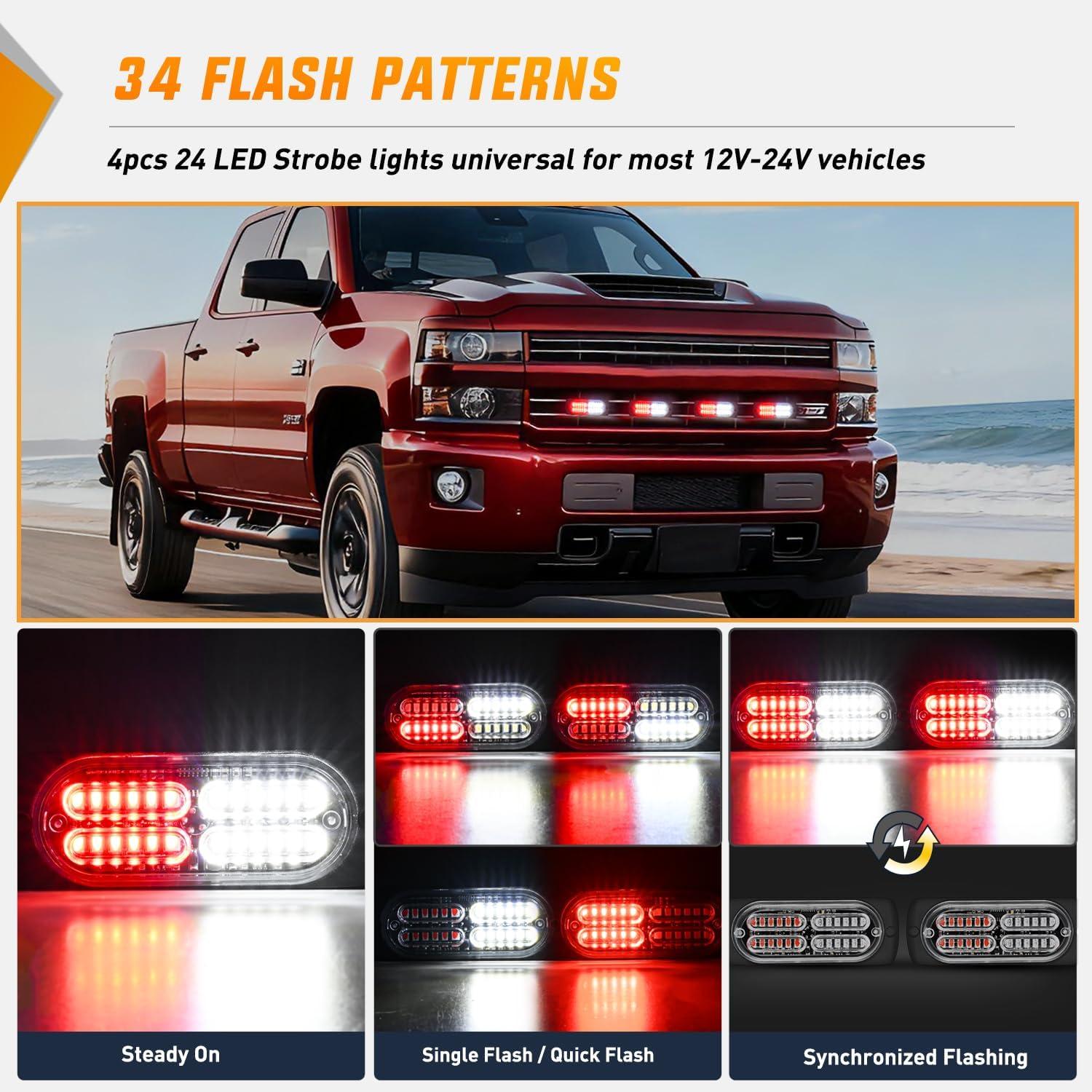 image:imageNilight 4PCS 24LED Emergency Strobe lights 12V 24V White Surface Mount Grille Hazard Safety Warning Light Sync Feature Side Flashing Marker Flash for Car Truck CampersRed White