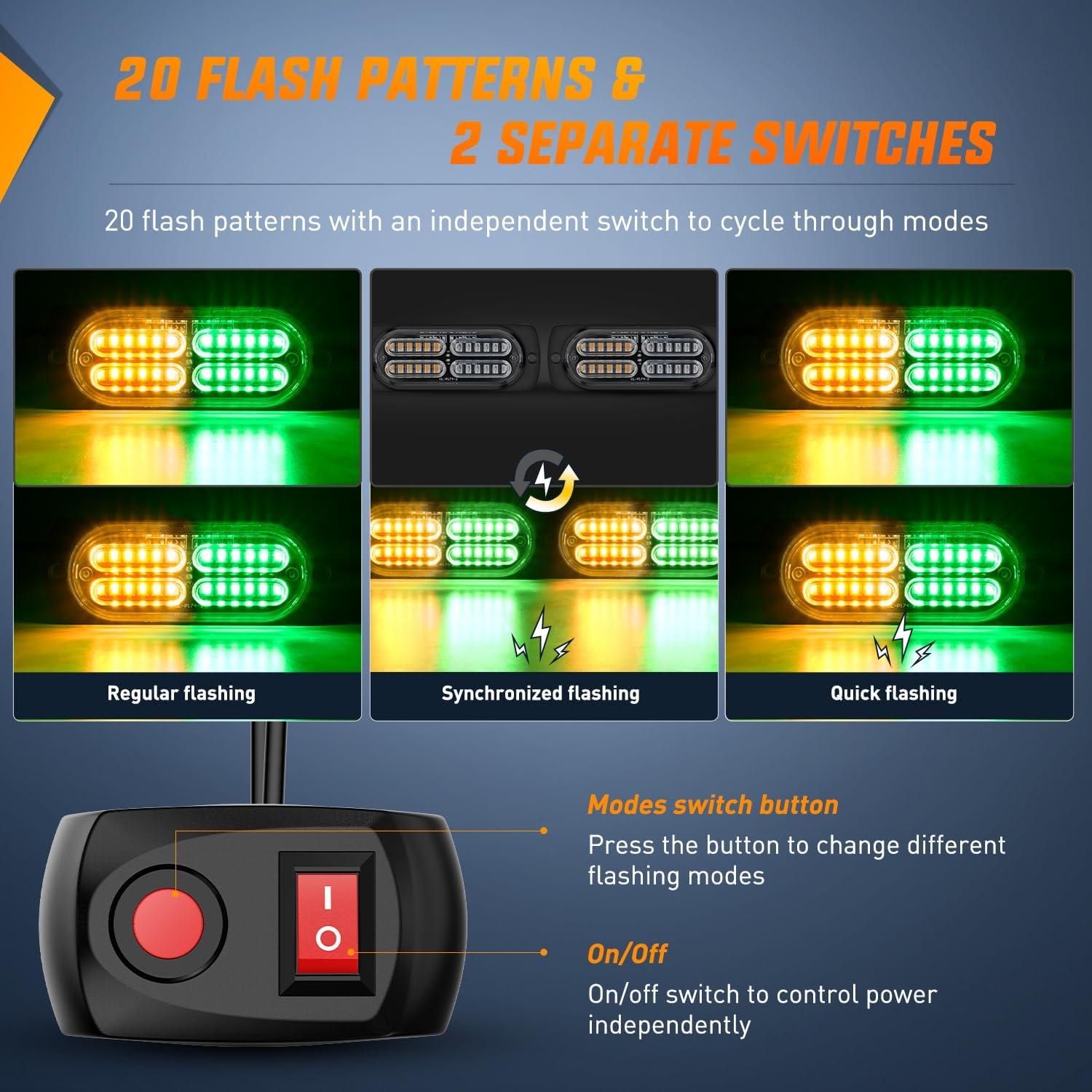 image:imageNilight 4PCS 24LED Emergency Strobe lights 12V 24V White Surface Mount Grille Hazard Safety Warning Light Sync Feature Side Flashing Marker Flash for Car Truck CampersAmber Green wController