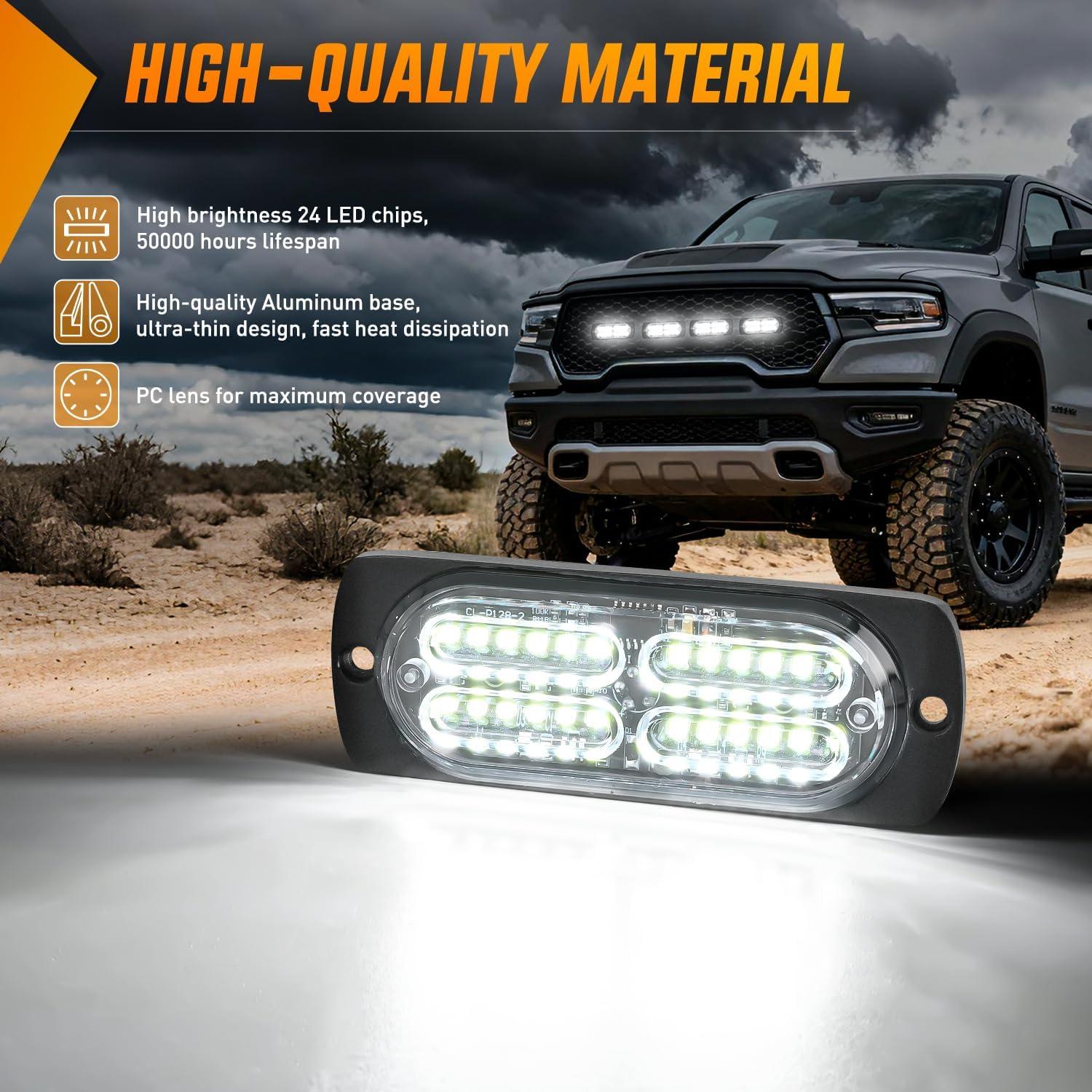 image:imageNilight 4PCS 24LED Emergency Strobe lights 12V 24V White Surface Mount Grille Hazard Safety Warning Light Sync Feature Side Flashing Marker Flash for Car Truck CampersWhite