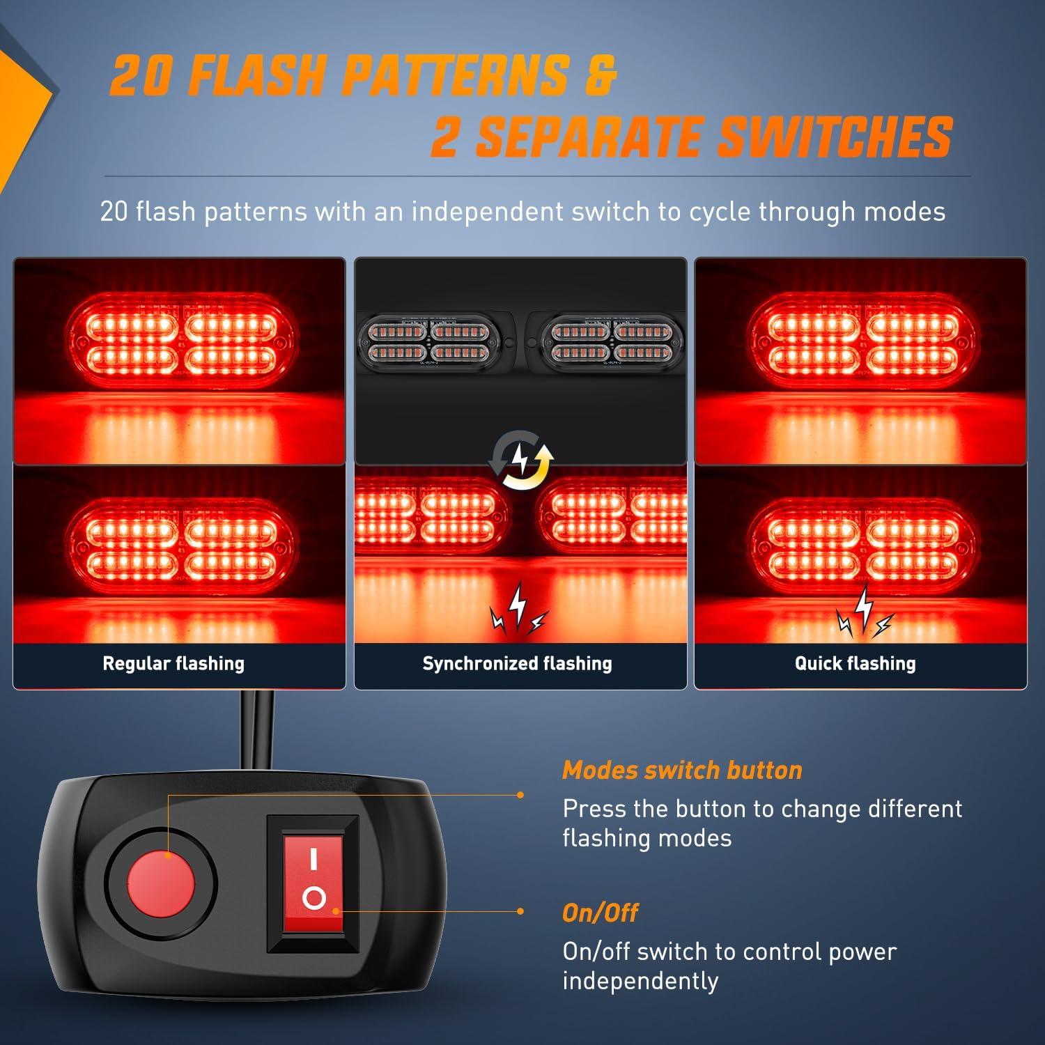 image:imageNilight 4PCS 24LED Emergency Strobe lights 12V 24V White Surface Mount Grille Hazard Safety Warning Light Sync Feature Side Flashing Marker Flash for Car Truck CampersRed wController