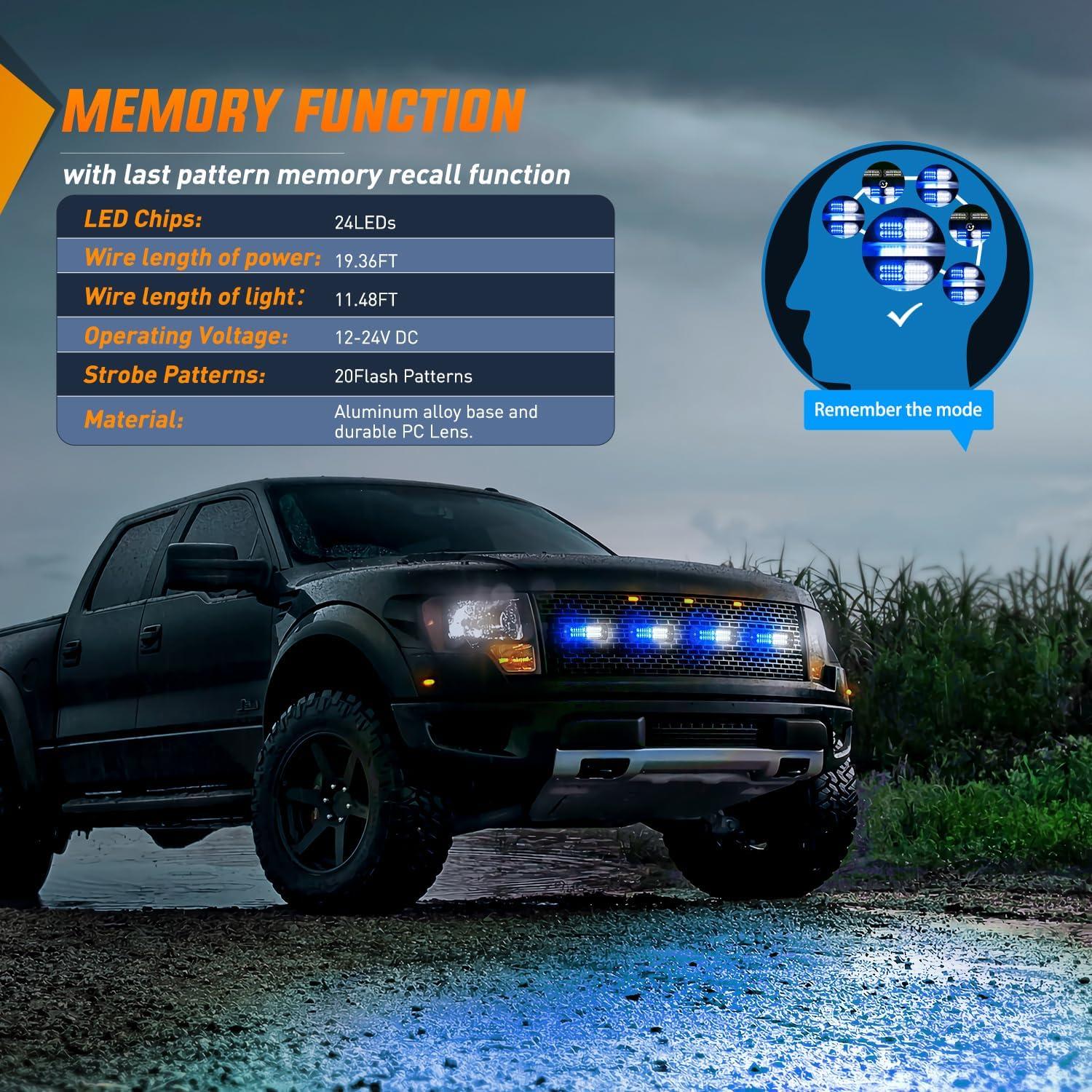 image:imageNilight 4PCS 24LED Emergency Strobe lights 12V 24V White Surface Mount Grille Hazard Safety Warning Light Sync Feature Side Flashing Marker Flash for Car Truck CampersBlue White wController