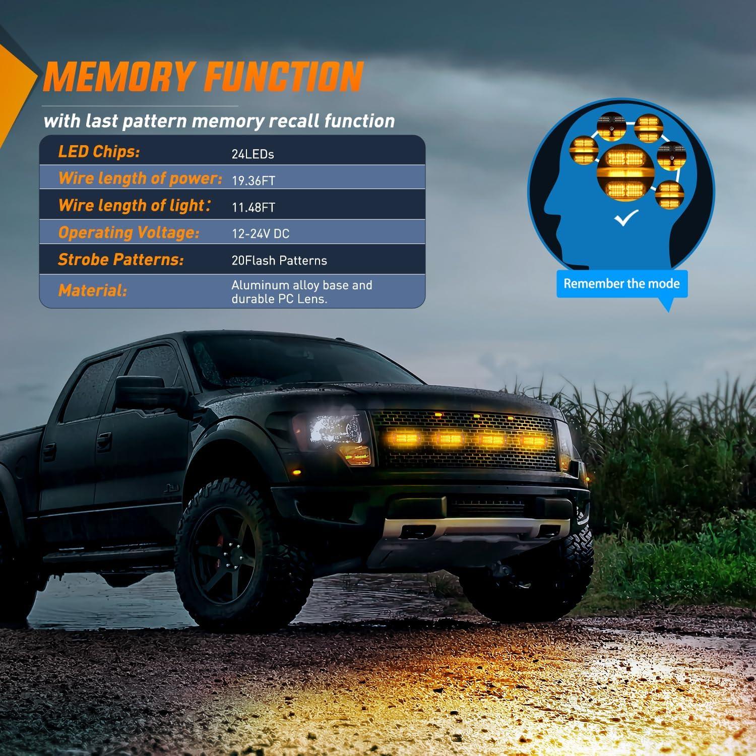 image:imageNilight 4PCS 24LED Emergency Strobe lights 12V 24V White Surface Mount Grille Hazard Safety Warning Light Sync Feature Side Flashing Marker Flash for Car Truck CampersAmber wController