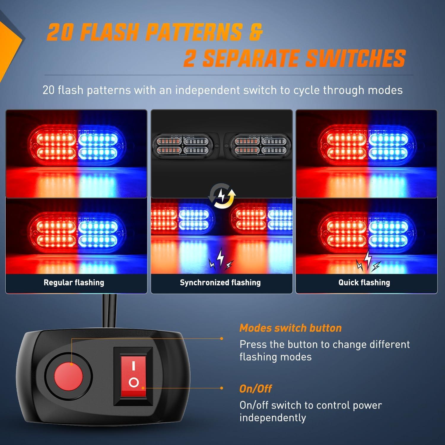 image:imageNilight 4PCS 24LED Emergency Strobe lights 12V 24V White Surface Mount Grille Hazard Safety Warning Light Sync Feature Side Flashing Marker Flash for Car Truck CampersRed Blue wController