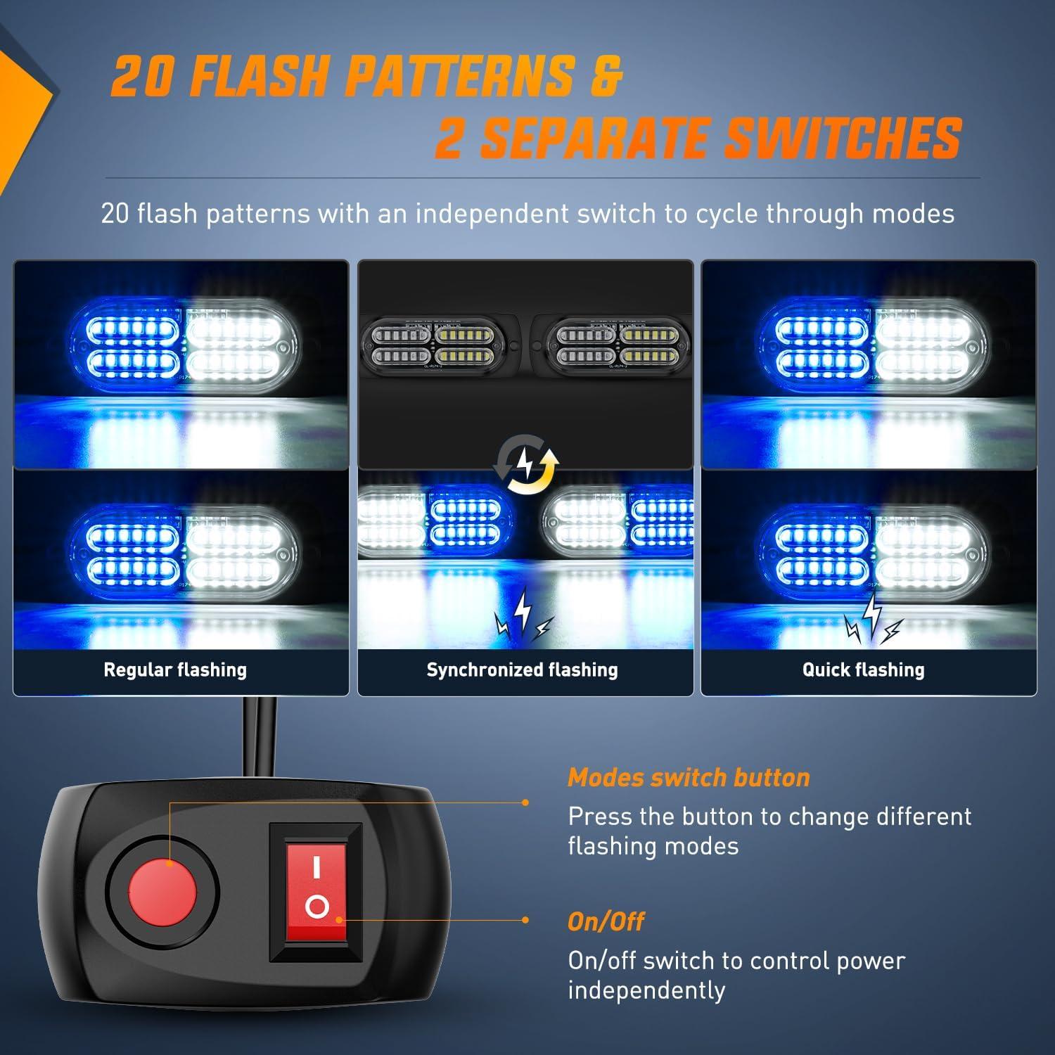 image:imageNilight 4PCS 24LED Emergency Strobe lights 12V 24V White Surface Mount Grille Hazard Safety Warning Light Sync Feature Side Flashing Marker Flash for Car Truck CampersBlue White wController