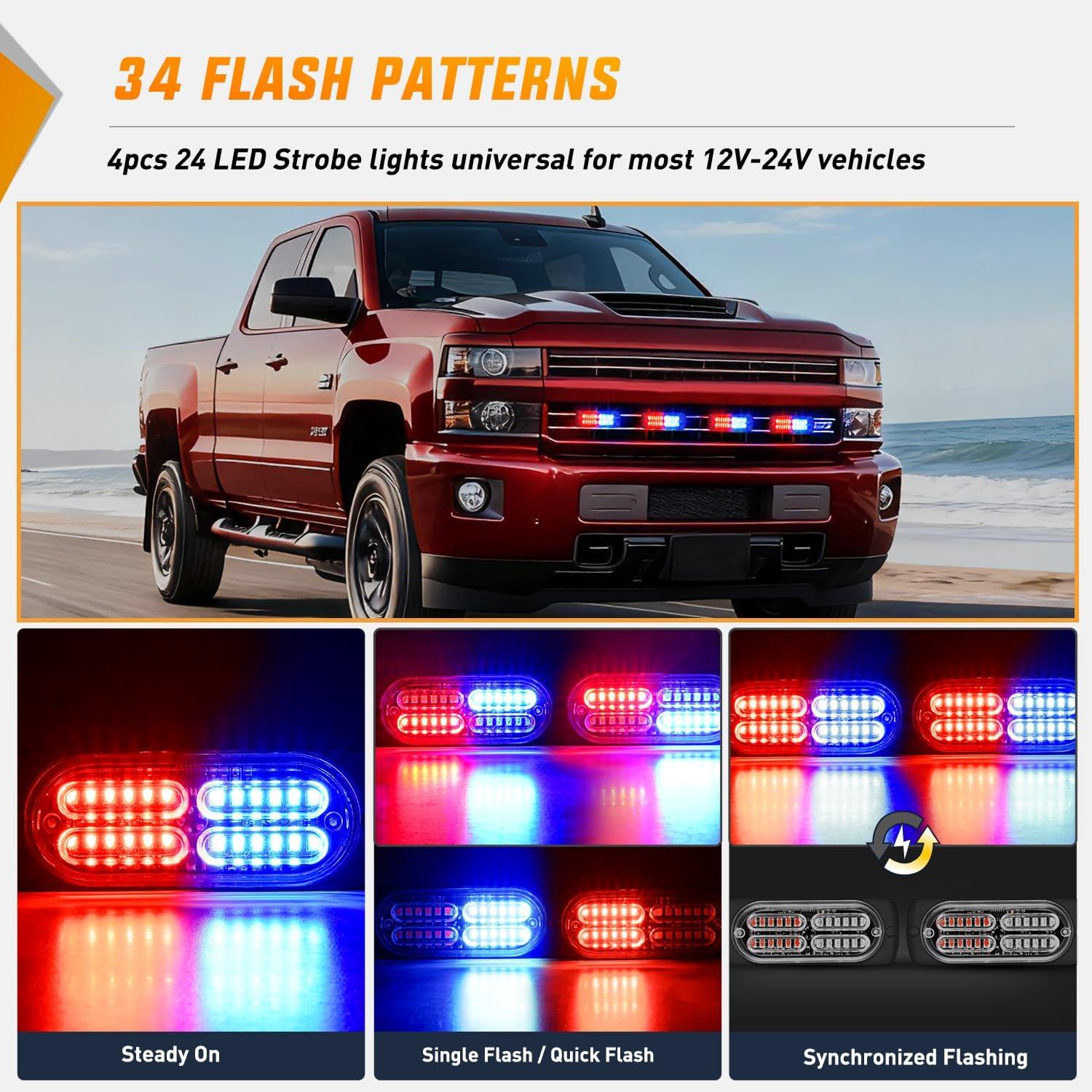 image:imageNilight 4PCS 24LED Emergency Strobe lights 12V 24V White Surface Mount Grille Hazard Safety Warning Light Sync Feature Side Flashing Marker Flash for Car Truck CampersRed Blue
