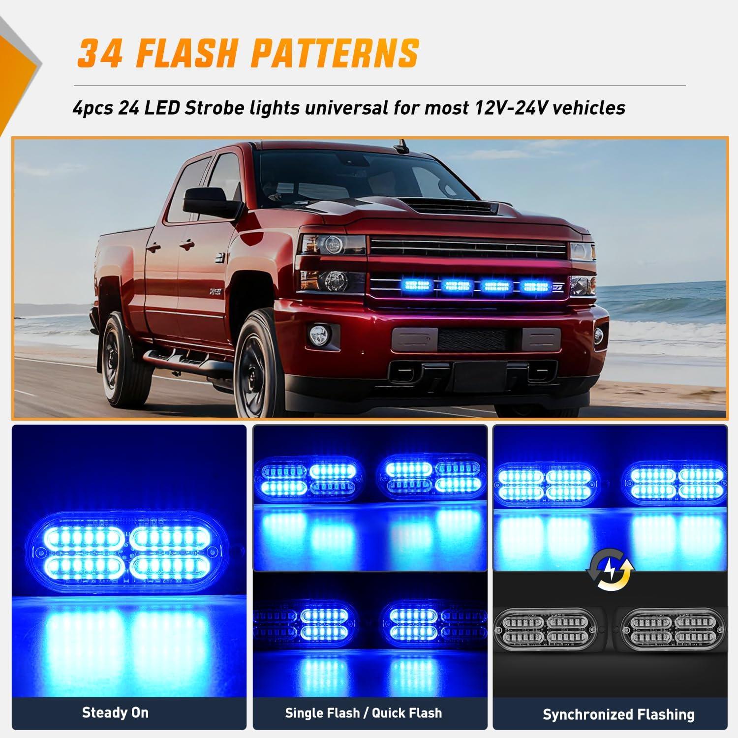 image:imageNilight 4PCS 24LED Emergency Strobe lights 12V 24V White Surface Mount Grille Hazard Safety Warning Light Sync Feature Side Flashing Marker Flash for Car Truck CampersBlue