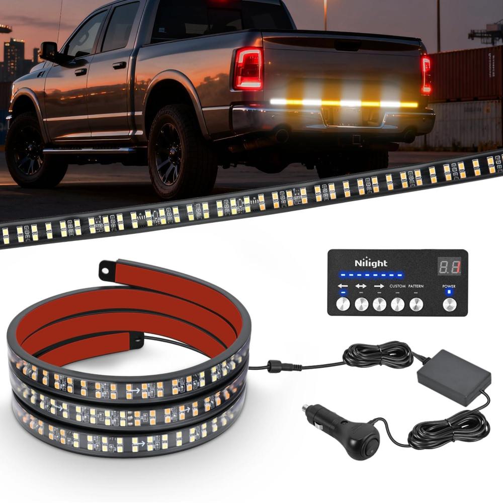 image:imageNilight 48 Inch Truck Tailgate Strobe Light Strip Tail Emergency Bar Rear Window Warning Lamp UltraBright Double Row 288 LED for Pickup Trailers Construction Vehicles Car SUV Green White49 Tailgate Strobe w Controller Amber White