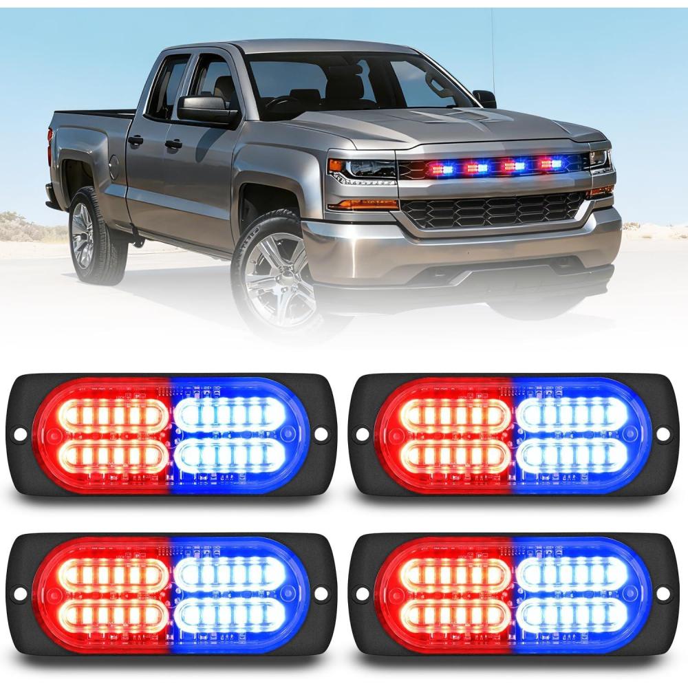 image:imageNilight 4PCS 24LED Emergency Strobe lights 12V 24V White Surface Mount Grille Hazard Safety Warning Light Sync Feature Side Flashing Marker Flash for Car Truck CampersRed Blue