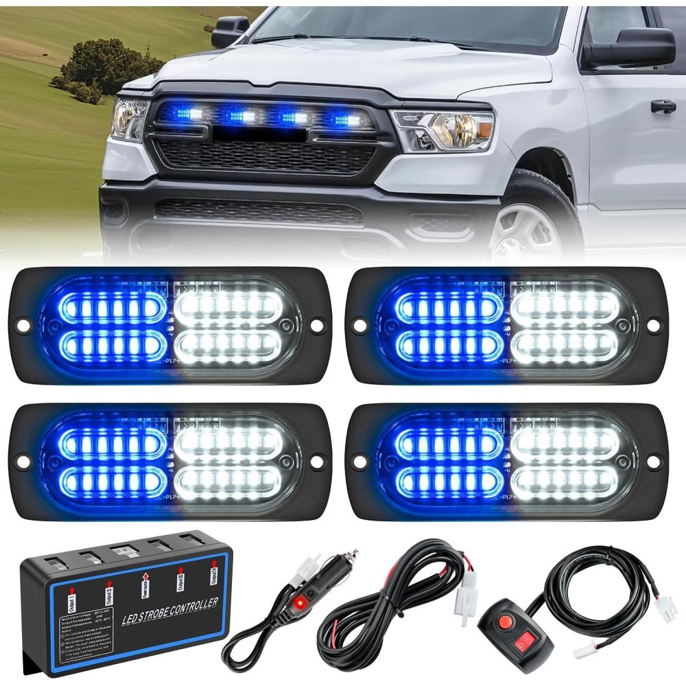 image:imageNilight 4PCS 24LED Emergency Strobe lights 12V 24V White Surface Mount Grille Hazard Safety Warning Light Sync Feature Side Flashing Marker Flash for Car Truck CampersBlue White wController