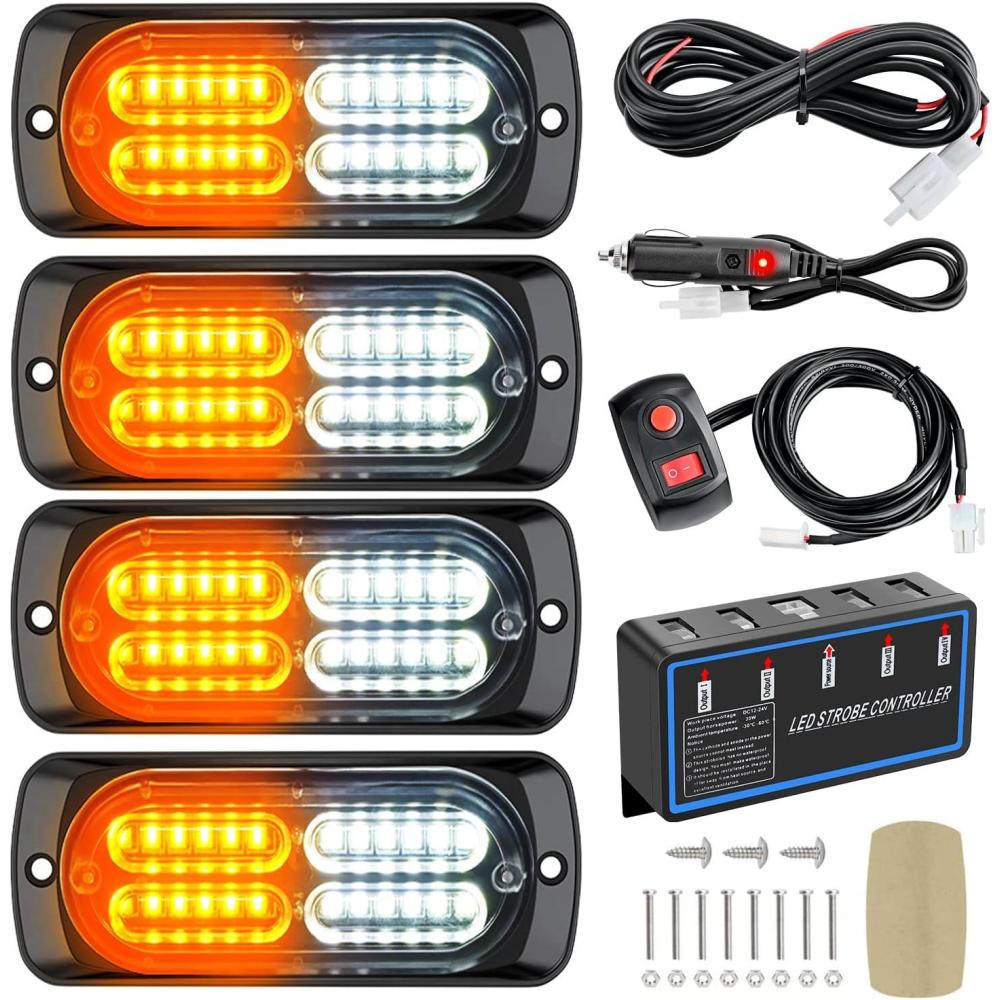 image:imageNilight 4PCS 24LED Emergency Strobe lights 12V 24V White Surface Mount Grille Hazard Safety Warning Light Sync Feature Side Flashing Marker Flash for Car Truck CampersAmber White wController