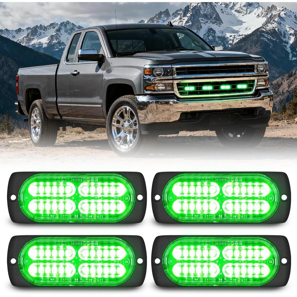 image:imageNilight 4PCS 24LED Emergency Strobe lights 12V 24V White Surface Mount Grille Hazard Safety Warning Light Sync Feature Side Flashing Marker Flash for Car Truck CampersGreen