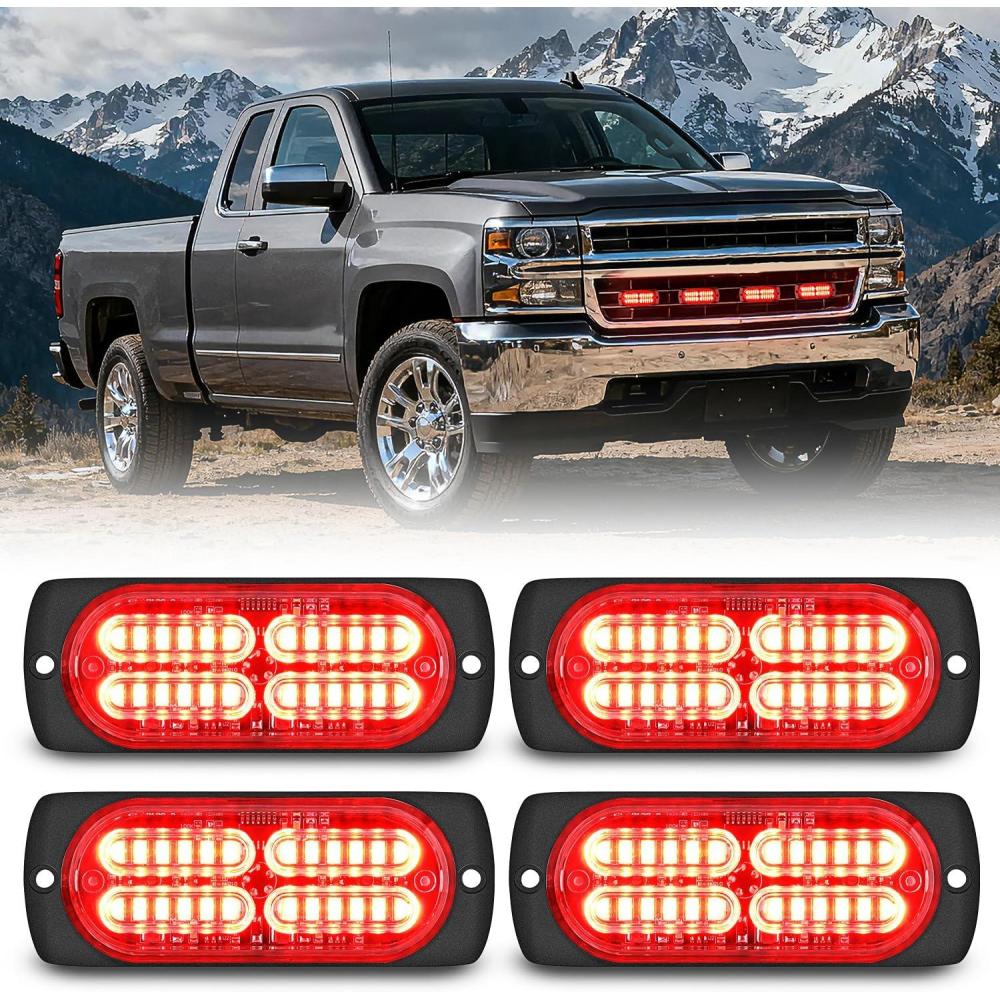 image:imageNilight 4PCS 24LED Emergency Strobe lights 12V 24V White Surface Mount Grille Hazard Safety Warning Light Sync Feature Side Flashing Marker Flash for Car Truck CampersRed