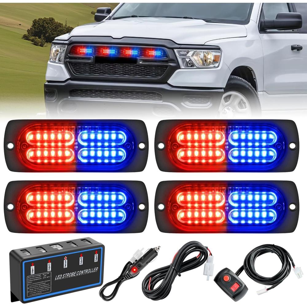 image:imageNilight 4PCS 24LED Emergency Strobe lights 12V 24V White Surface Mount Grille Hazard Safety Warning Light Sync Feature Side Flashing Marker Flash for Car Truck CampersRed Blue wController